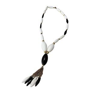 60s Lariat Tie Necklace Black White Oblong Beads Gold Tone Spacers Chain Vintage